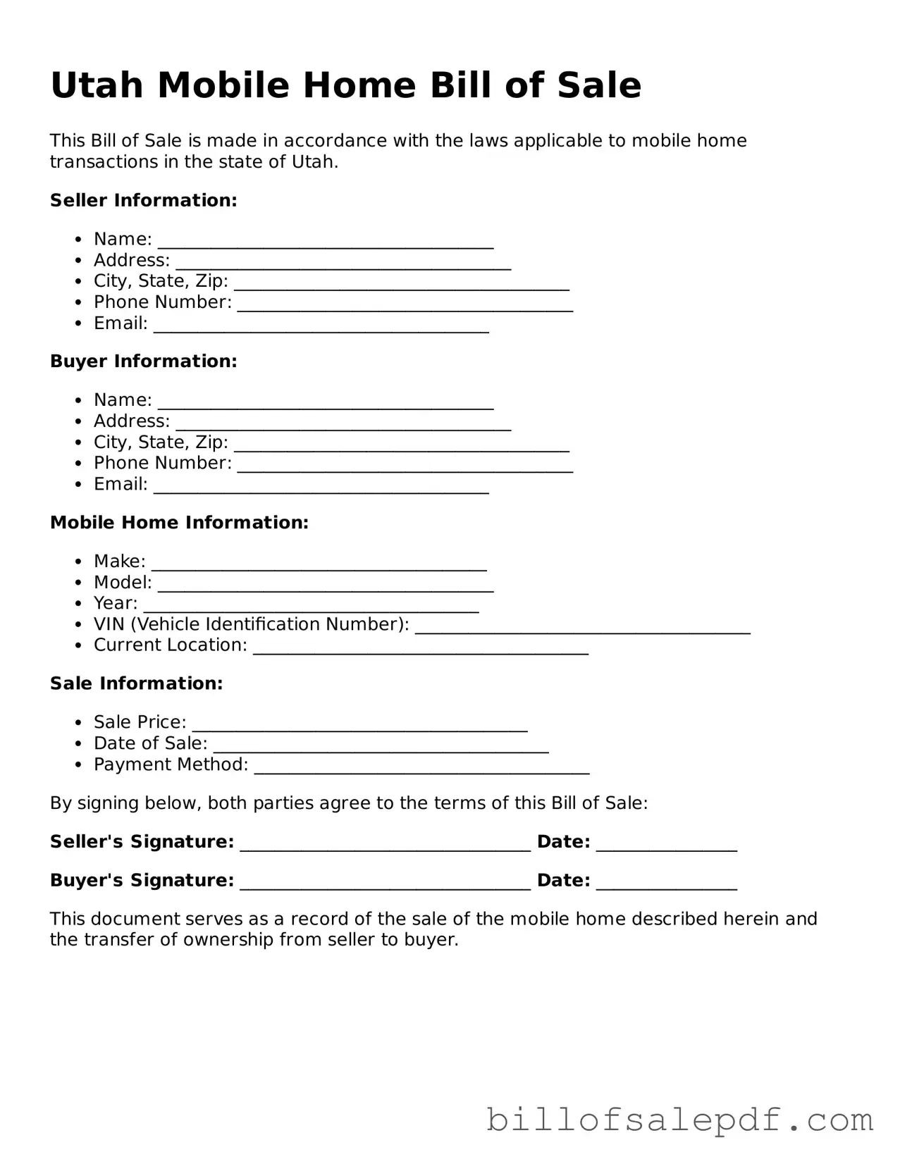 Legal Utah Mobile Home Bill of Sale Form