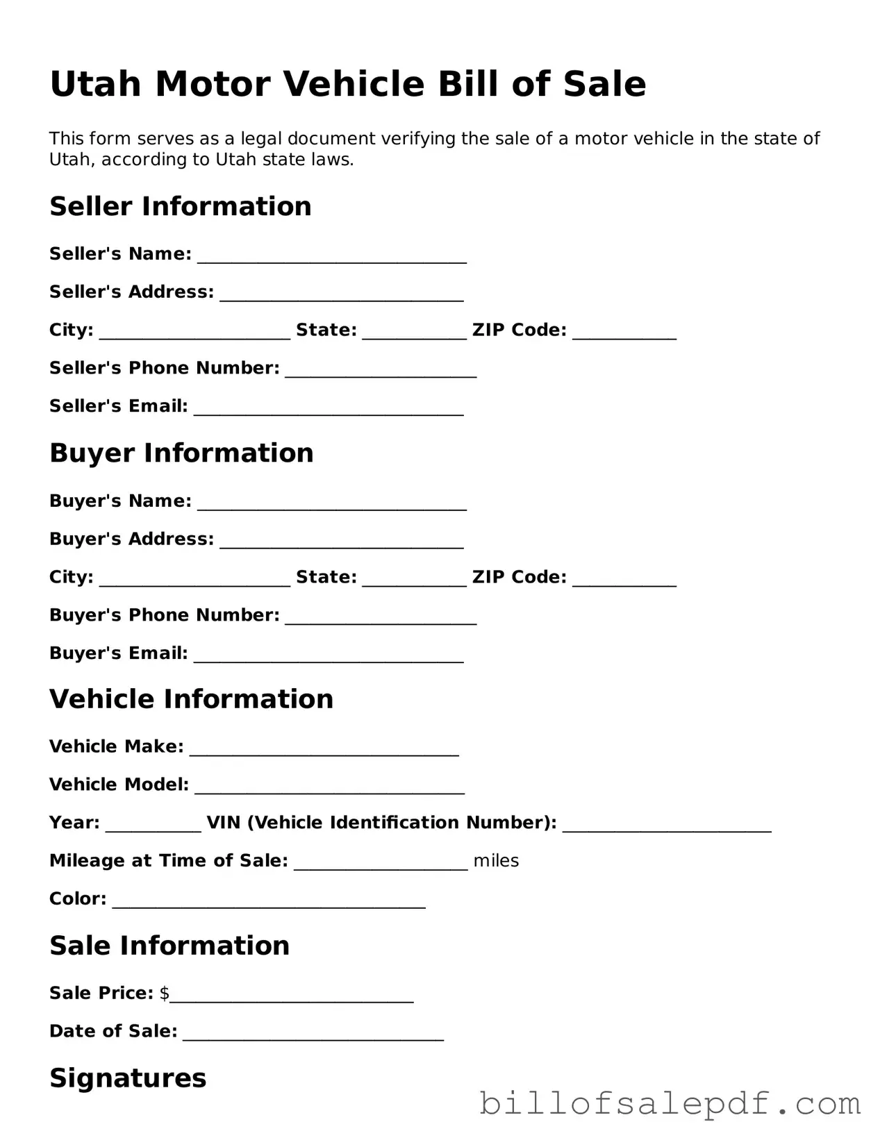 Legal Utah Motor Vehicle Bill of Sale Form