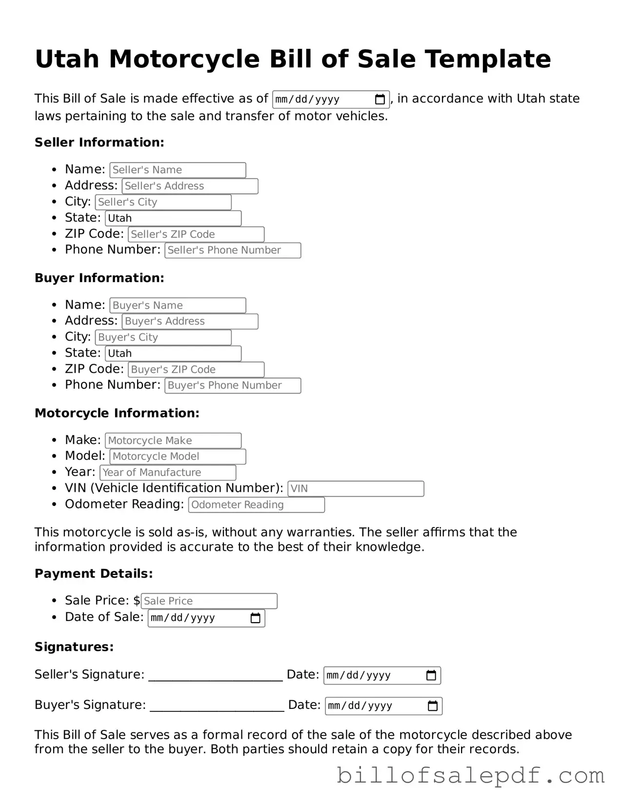 Legal Utah Motorcycle Bill of Sale Form