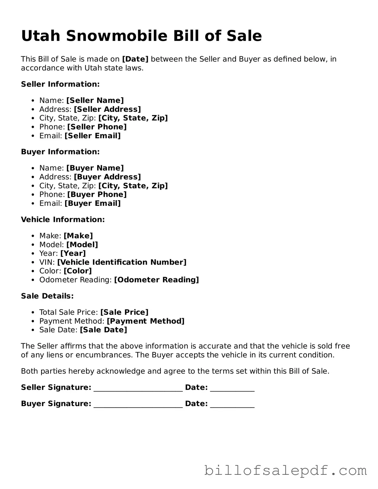 Legal Utah Snowmobile Bill of Sale Form