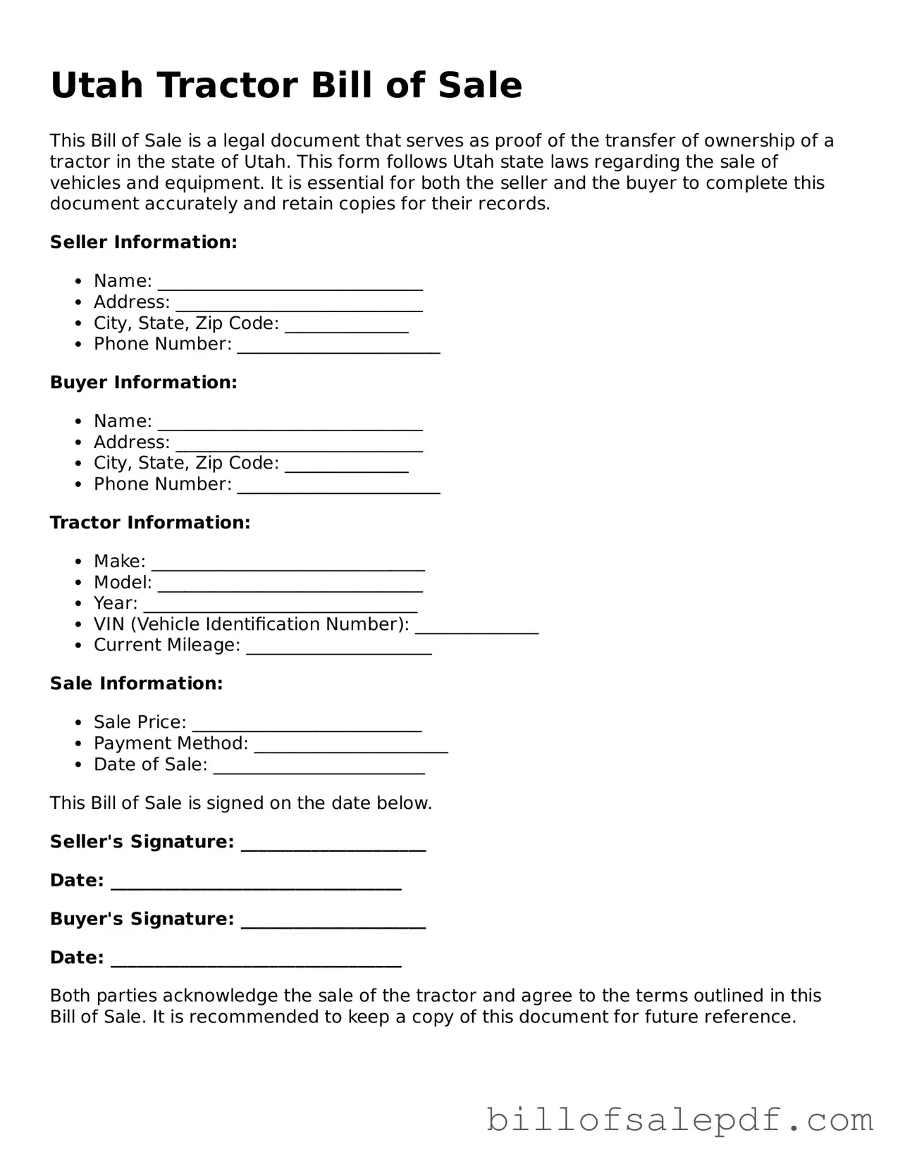 Legal Utah Tractor Bill of Sale Form
