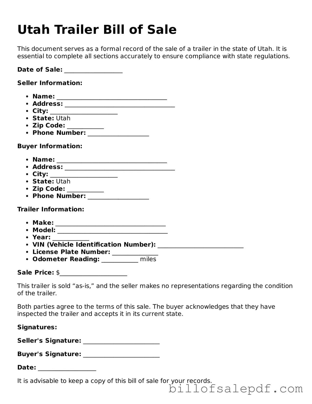 Legal Utah Trailer Bill of Sale Form