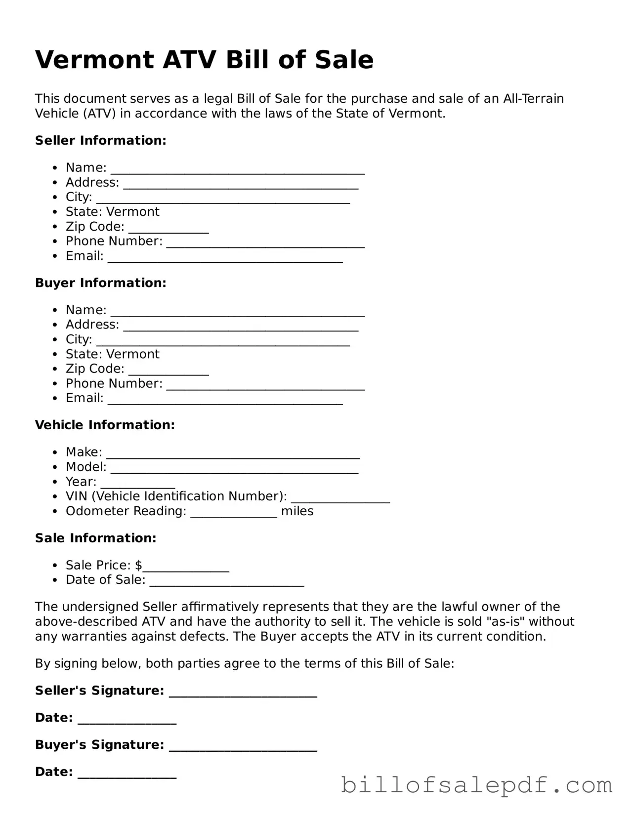 Legal Vermont ATV Bill of Sale Form