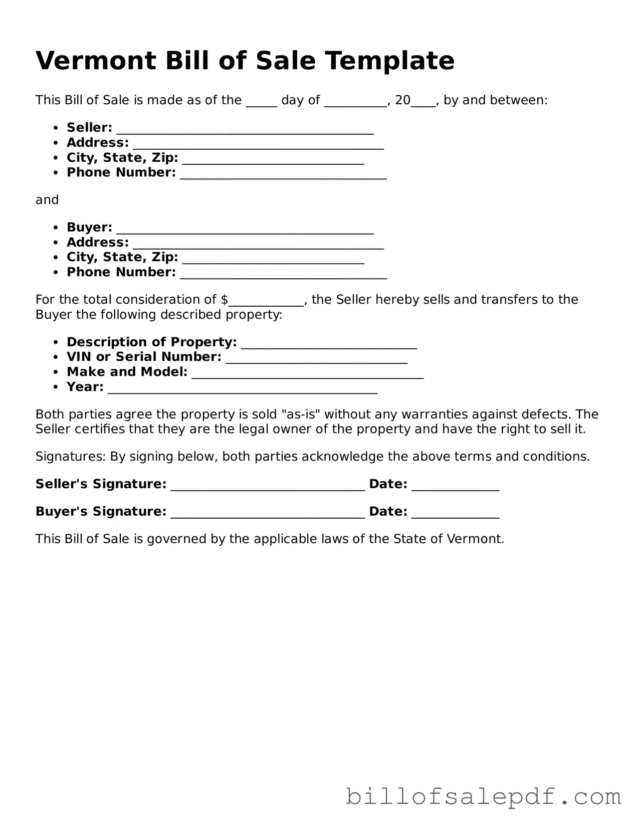 Legal Vermont Bill of Sale Form
