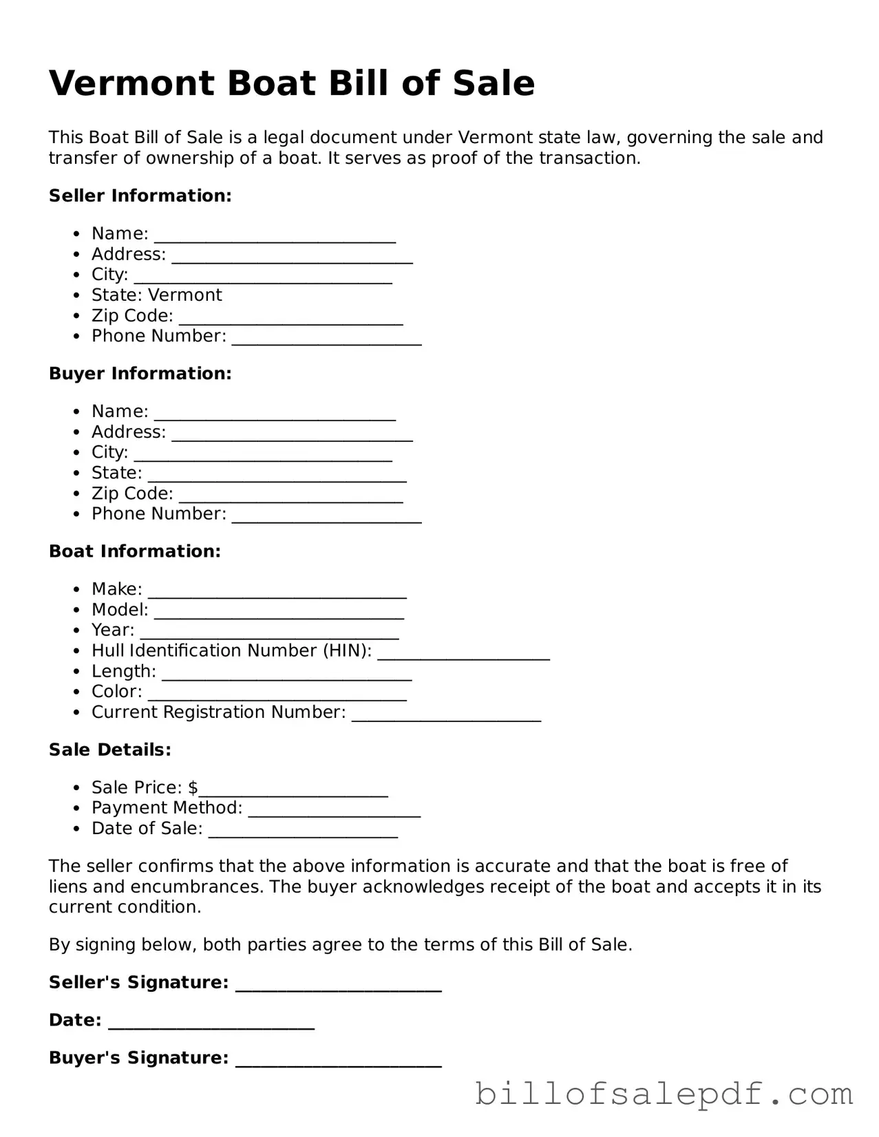 Legal Vermont Boat Bill of Sale Form
