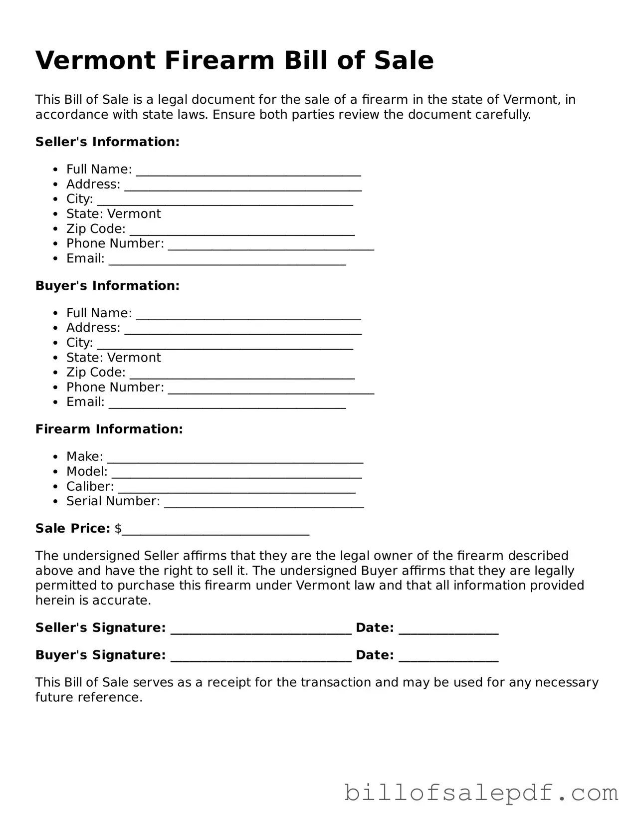 Legal Vermont Firearm Bill of Sale Form