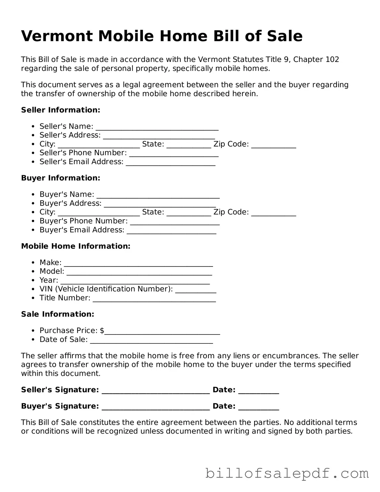 Legal Vermont Mobile Home Bill of Sale Form