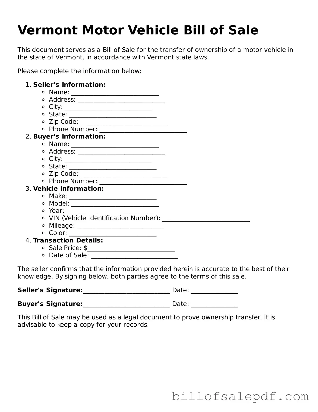 Legal Vermont Motor Vehicle Bill of Sale Form