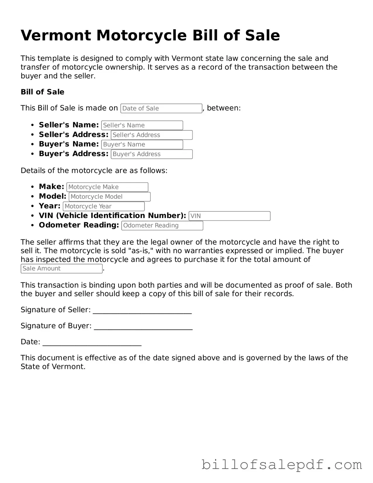Legal Vermont Motorcycle Bill of Sale Form