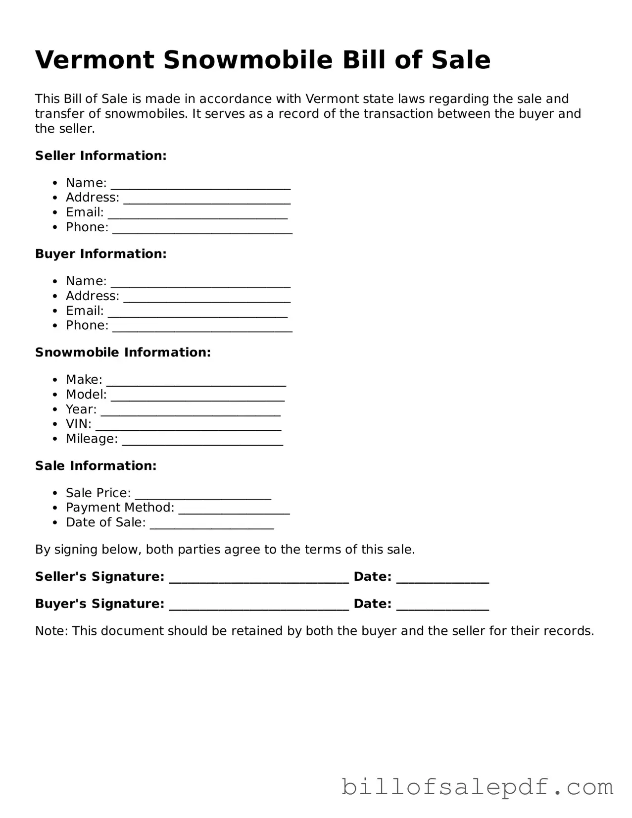 Legal Vermont Snowmobile Bill of Sale Form