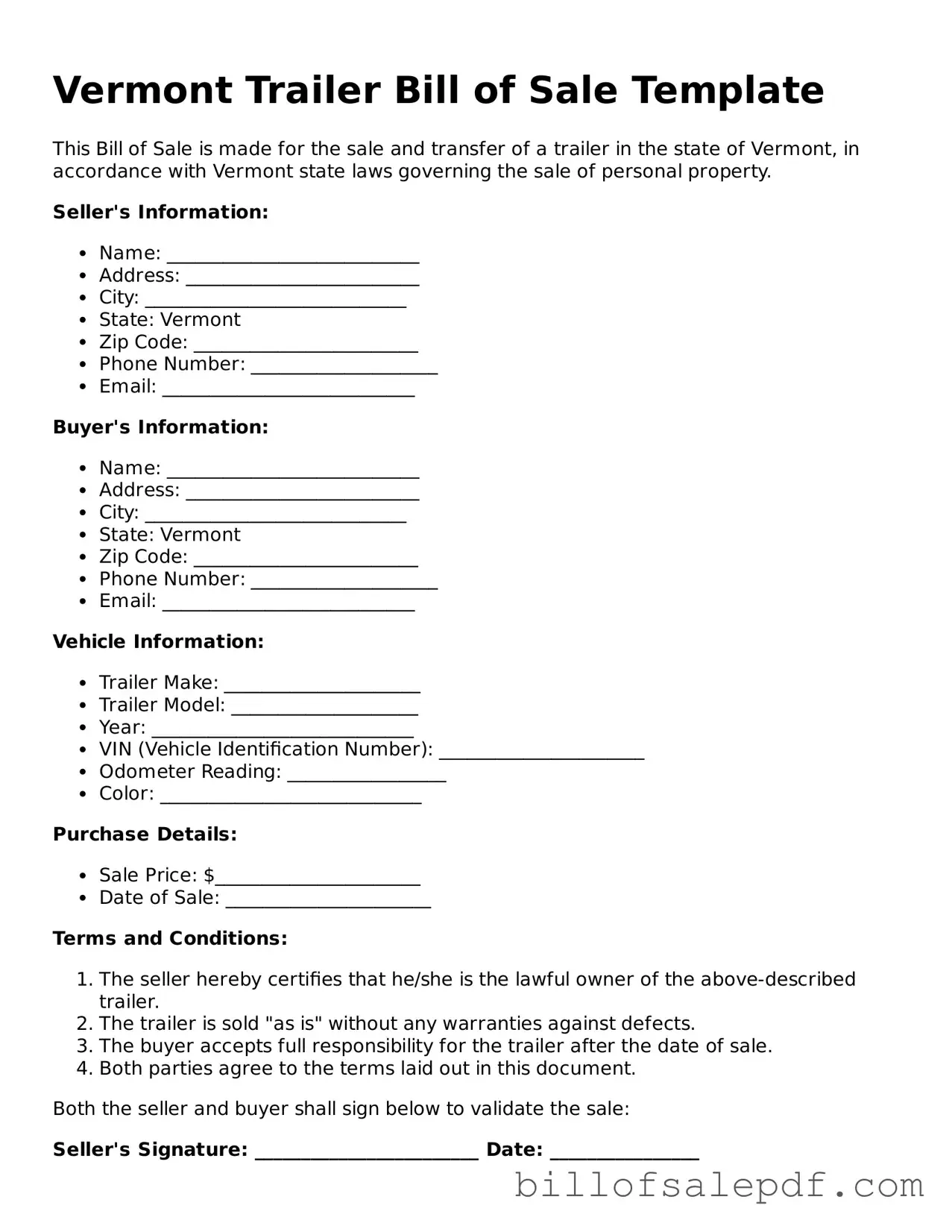 Legal Vermont Trailer Bill of Sale Form