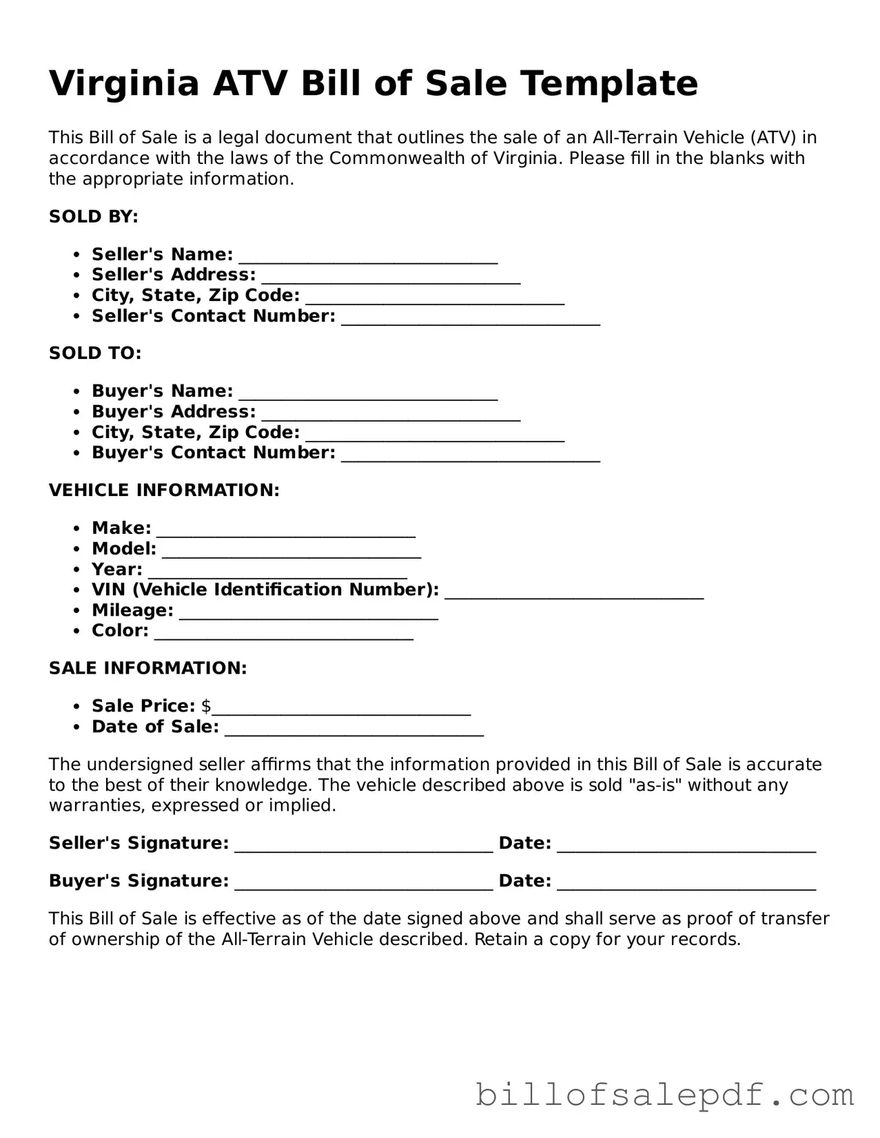 Legal Virginia ATV Bill of Sale Form