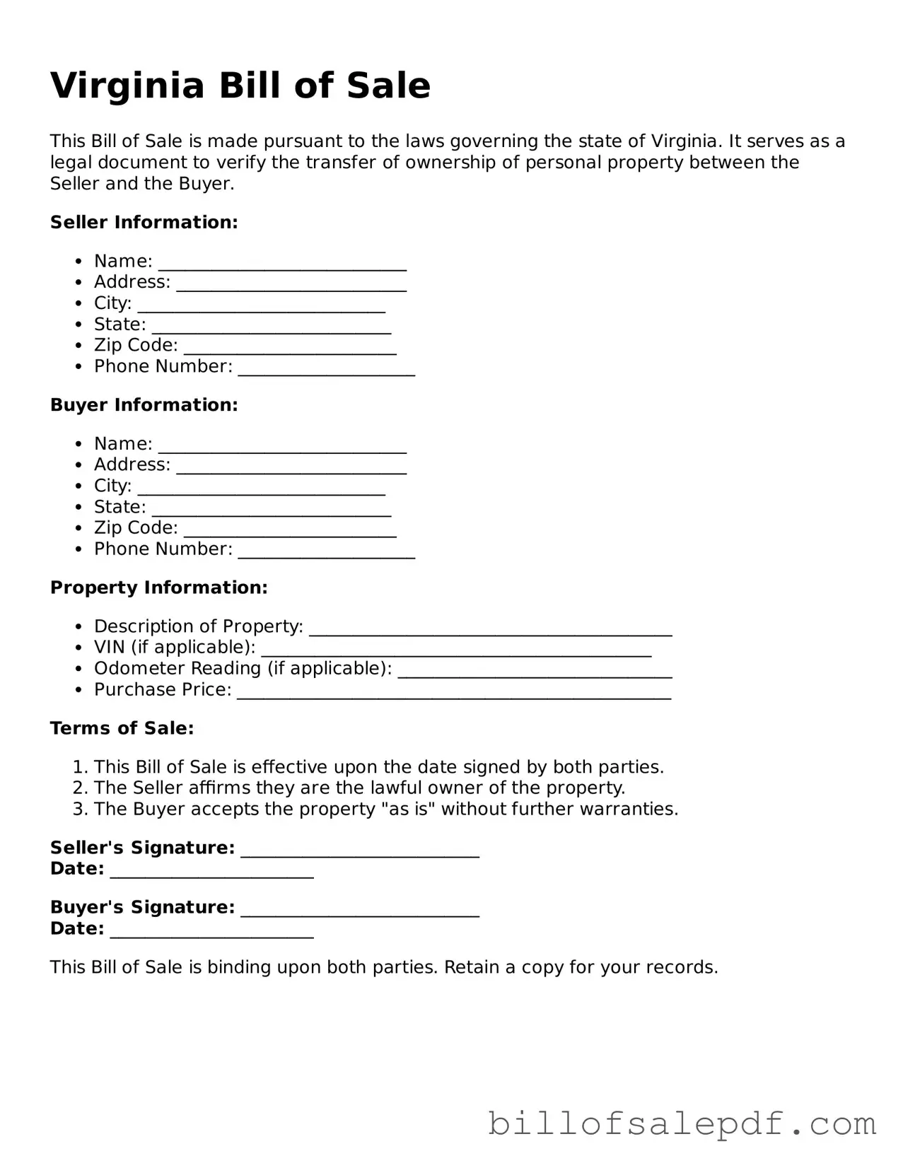 Legal Virginia Bill of Sale Form