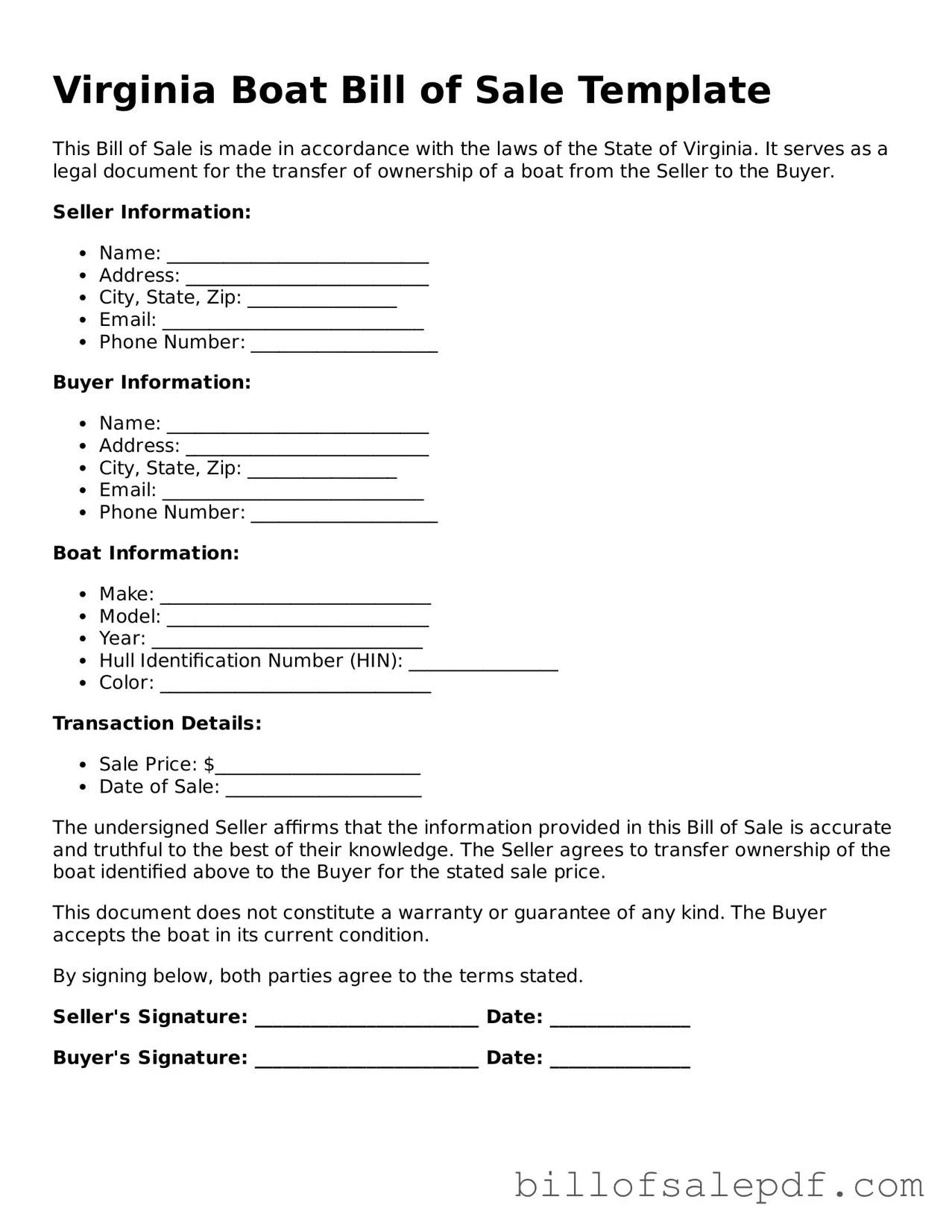 Legal Virginia Boat Bill of Sale Form