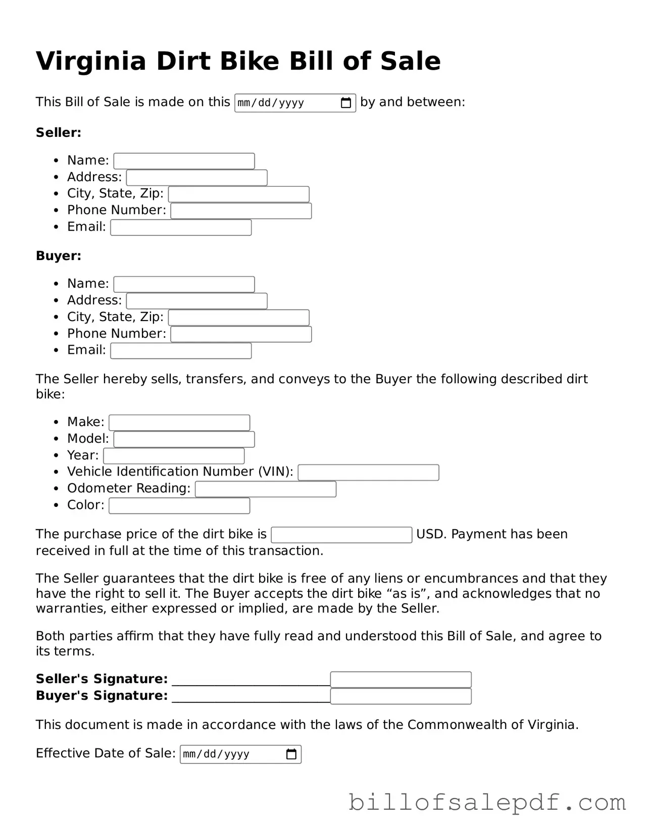 Legal Virginia Dirt Bike Bill of Sale Form