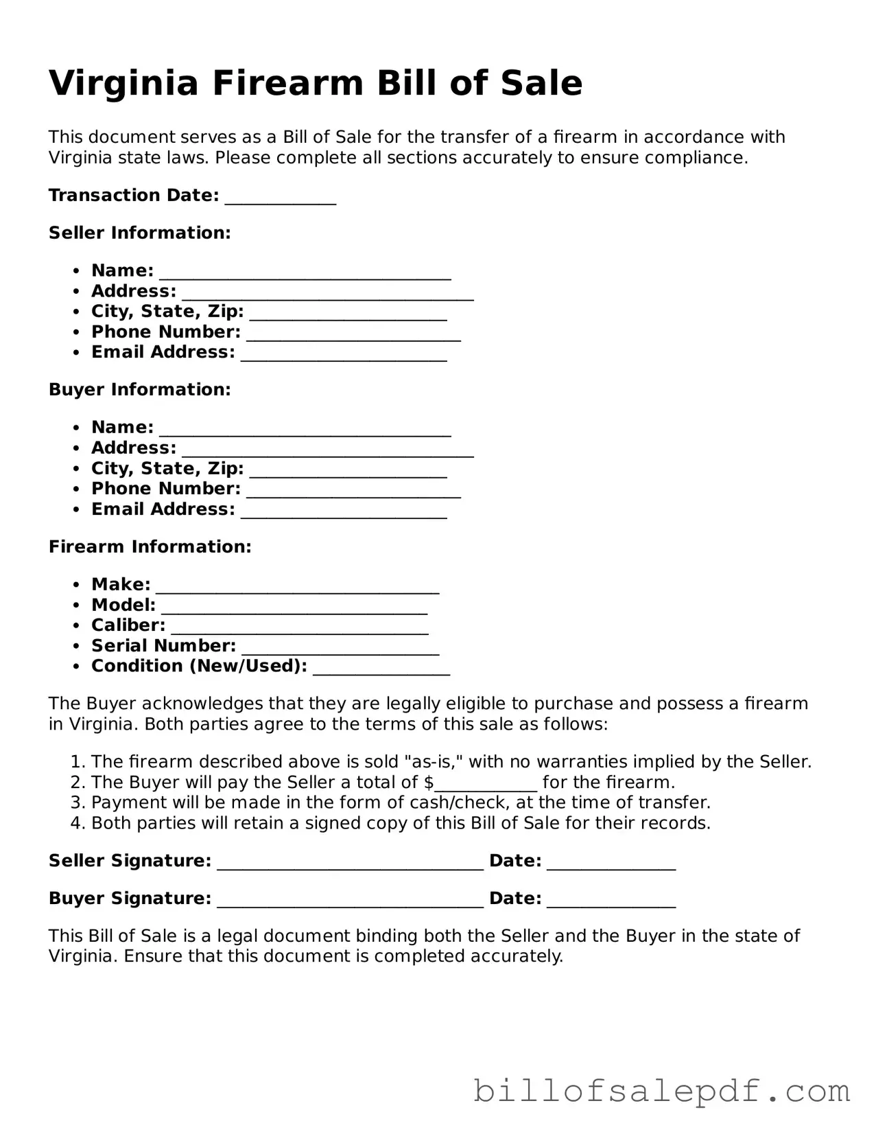 Legal Virginia Firearm Bill of Sale Form
