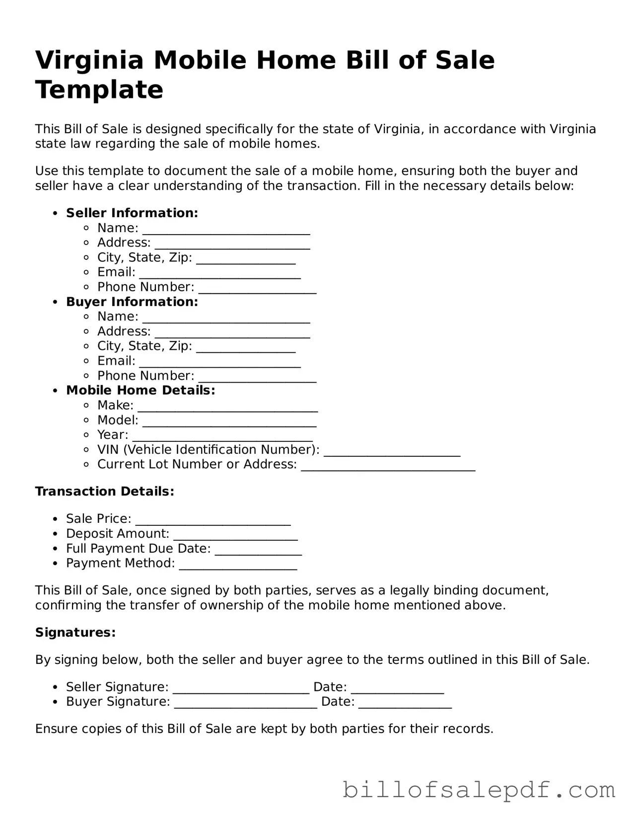 Legal Virginia Mobile Home Bill of Sale Form