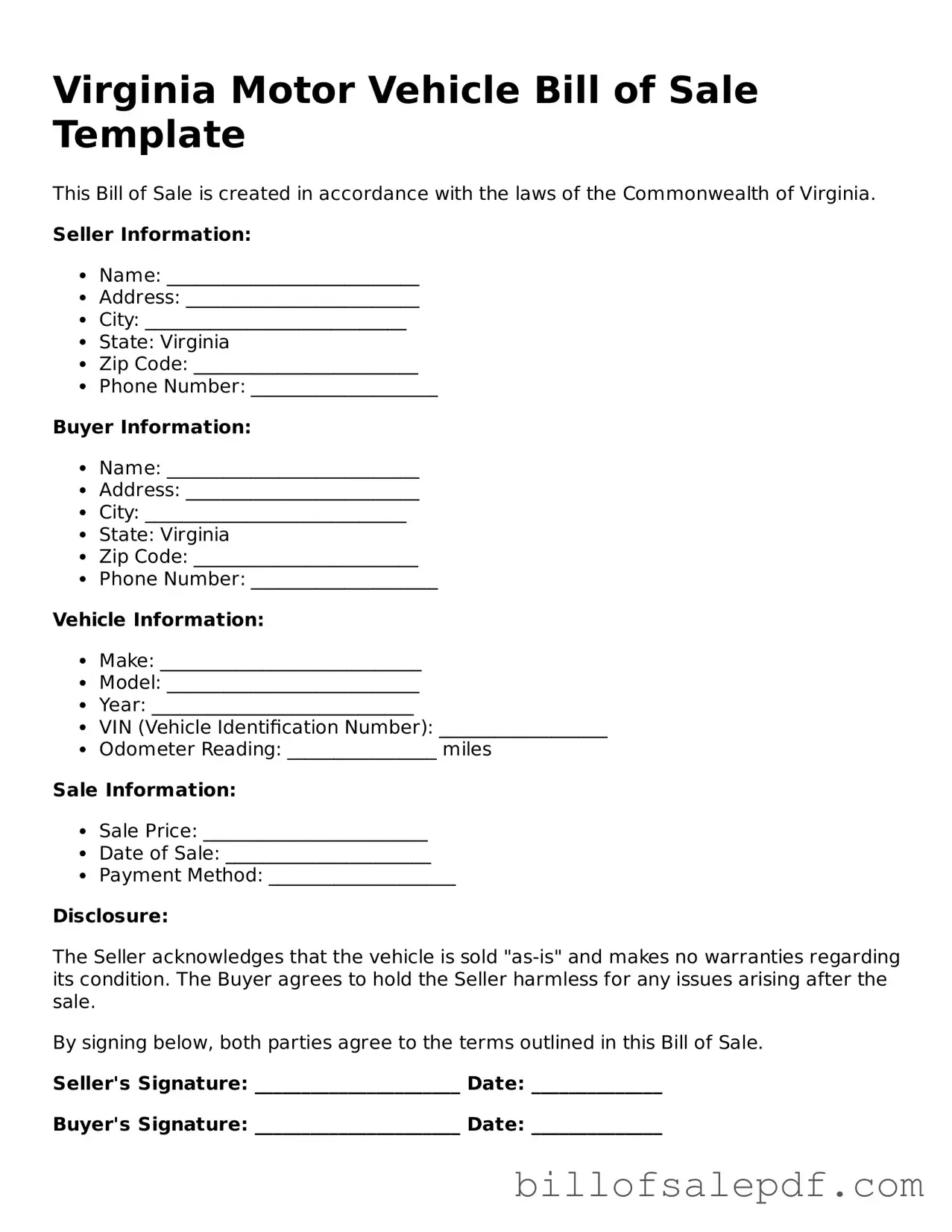 Legal Virginia Motor Vehicle Bill of Sale Form