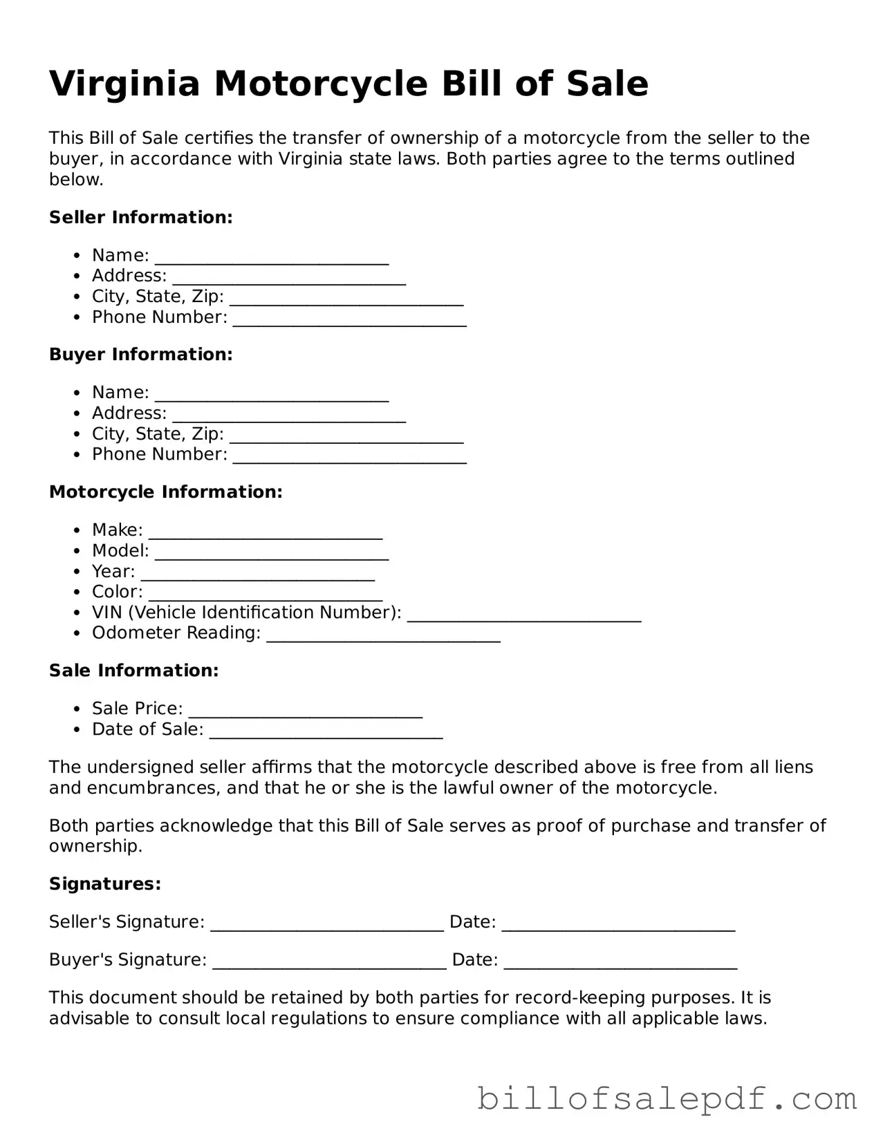 Legal Virginia Motorcycle Bill of Sale Form