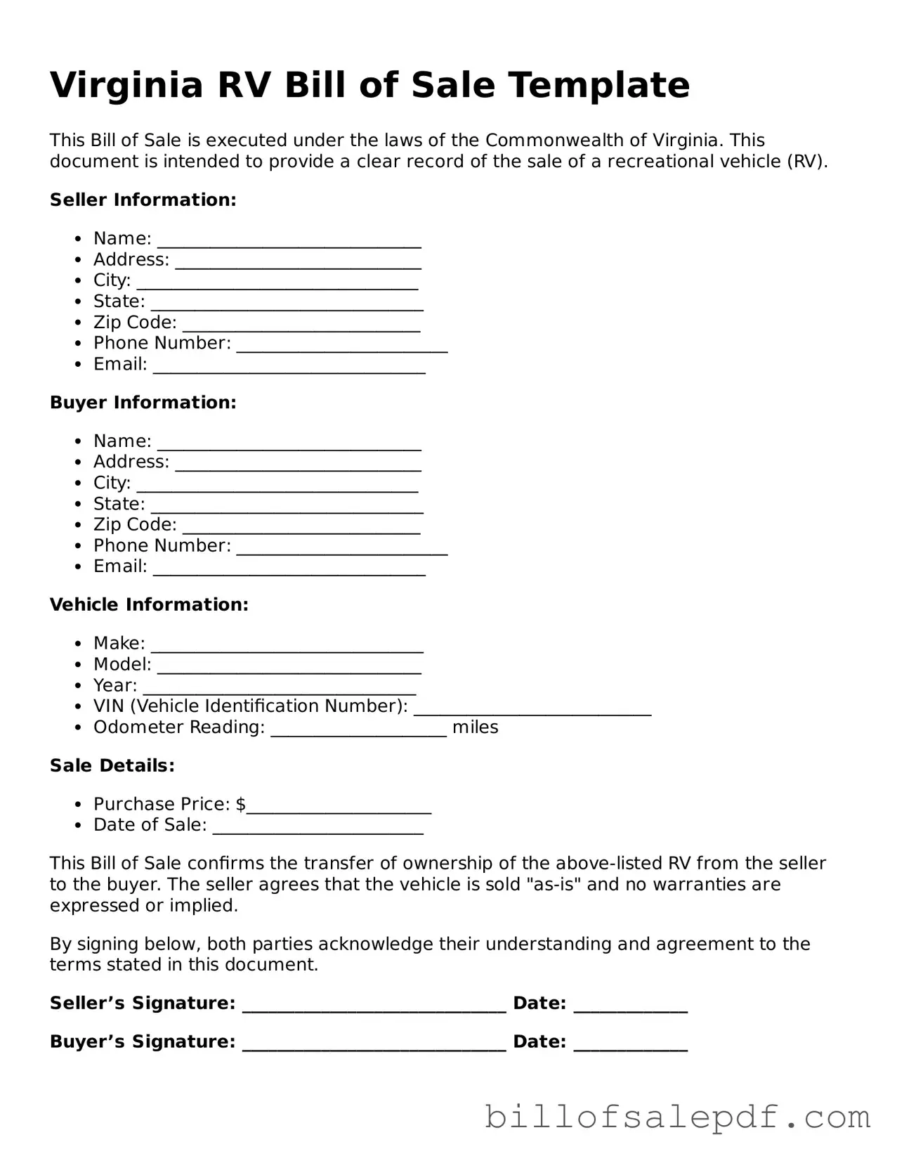 Legal Virginia RV Bill of Sale Form