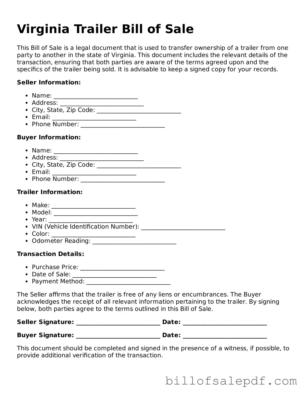 Legal Virginia Trailer Bill of Sale Form