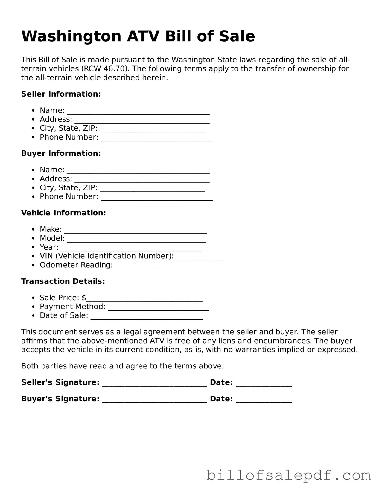 Legal Washington ATV Bill of Sale Form