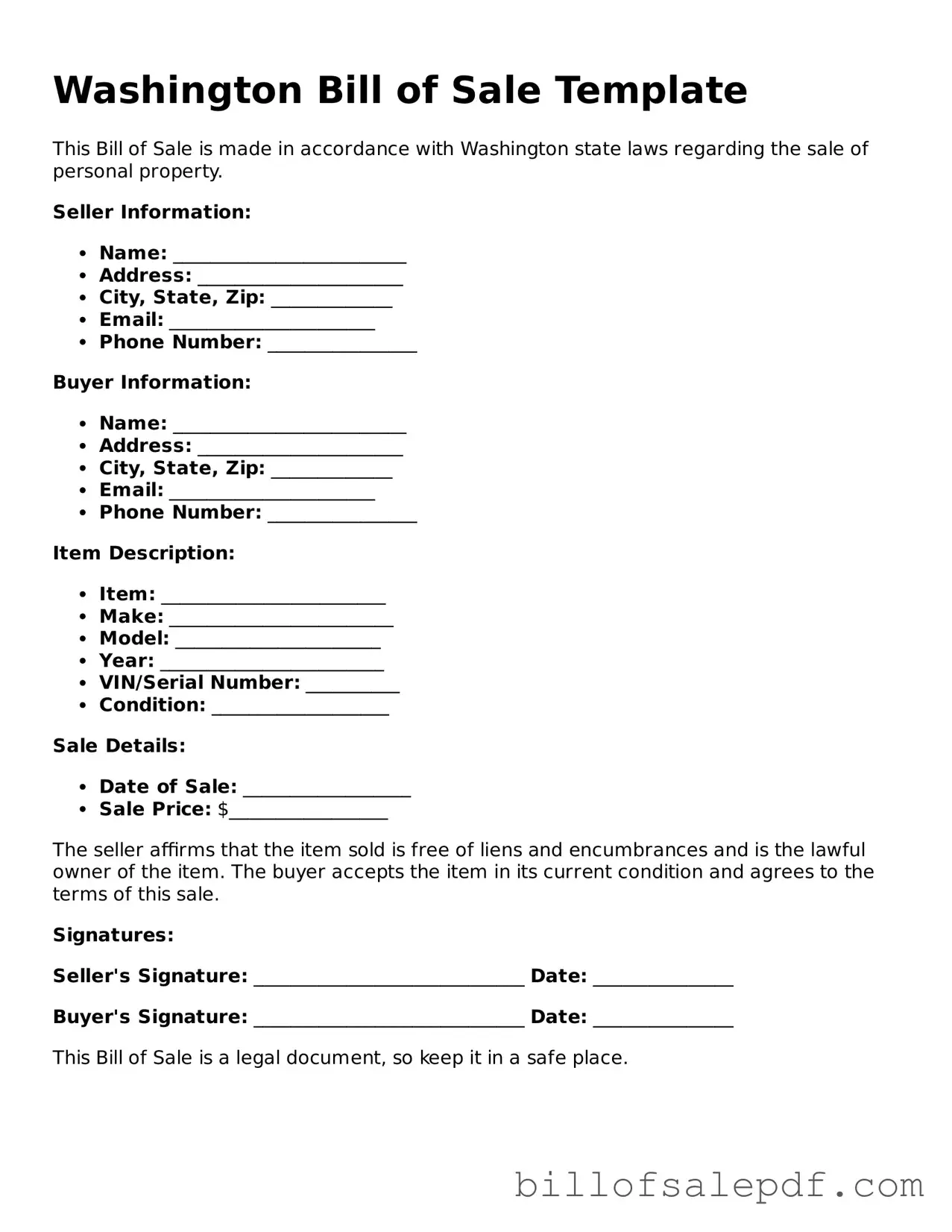Legal Washington Bill of Sale Form