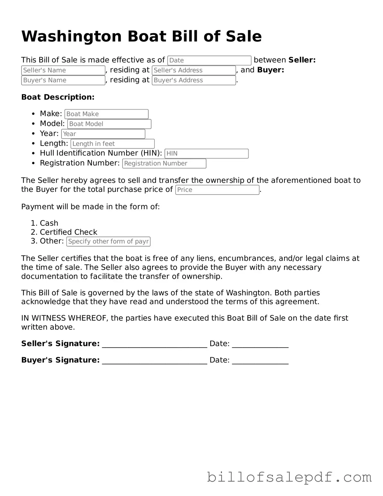 Legal Washington Boat Bill of Sale Form