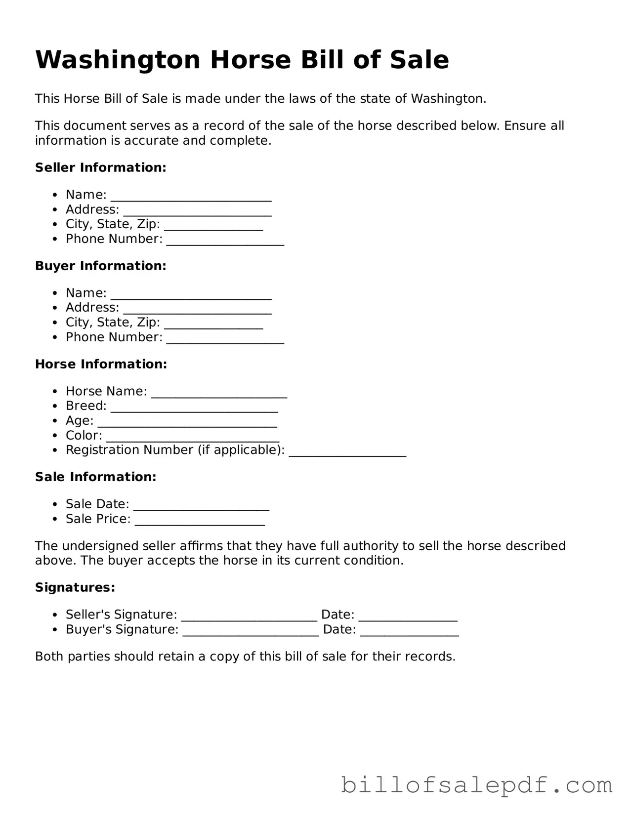 Legal Washington Horse Bill of Sale Form