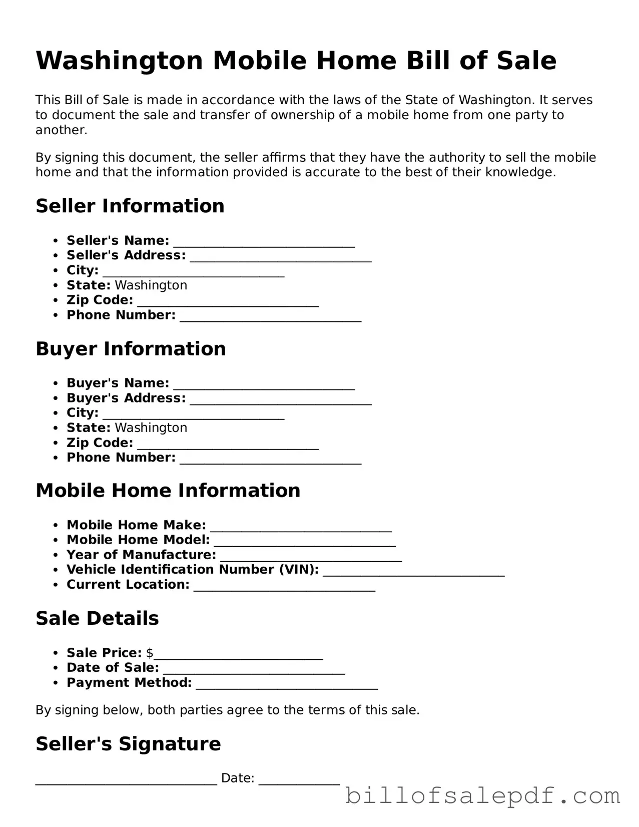 Legal Washington Mobile Home Bill of Sale Form
