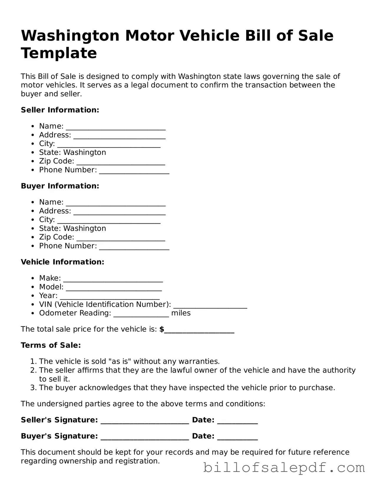 Legal Washington Motor Vehicle Bill of Sale Form