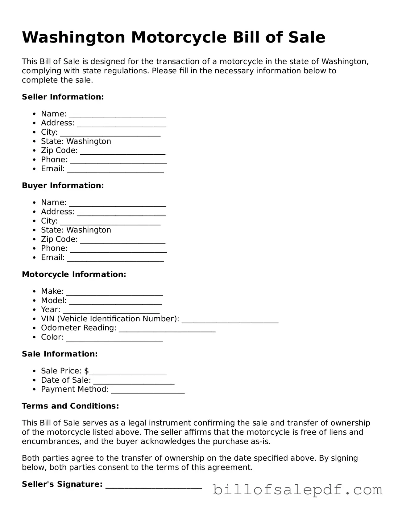 Legal Washington Motorcycle Bill of Sale Form