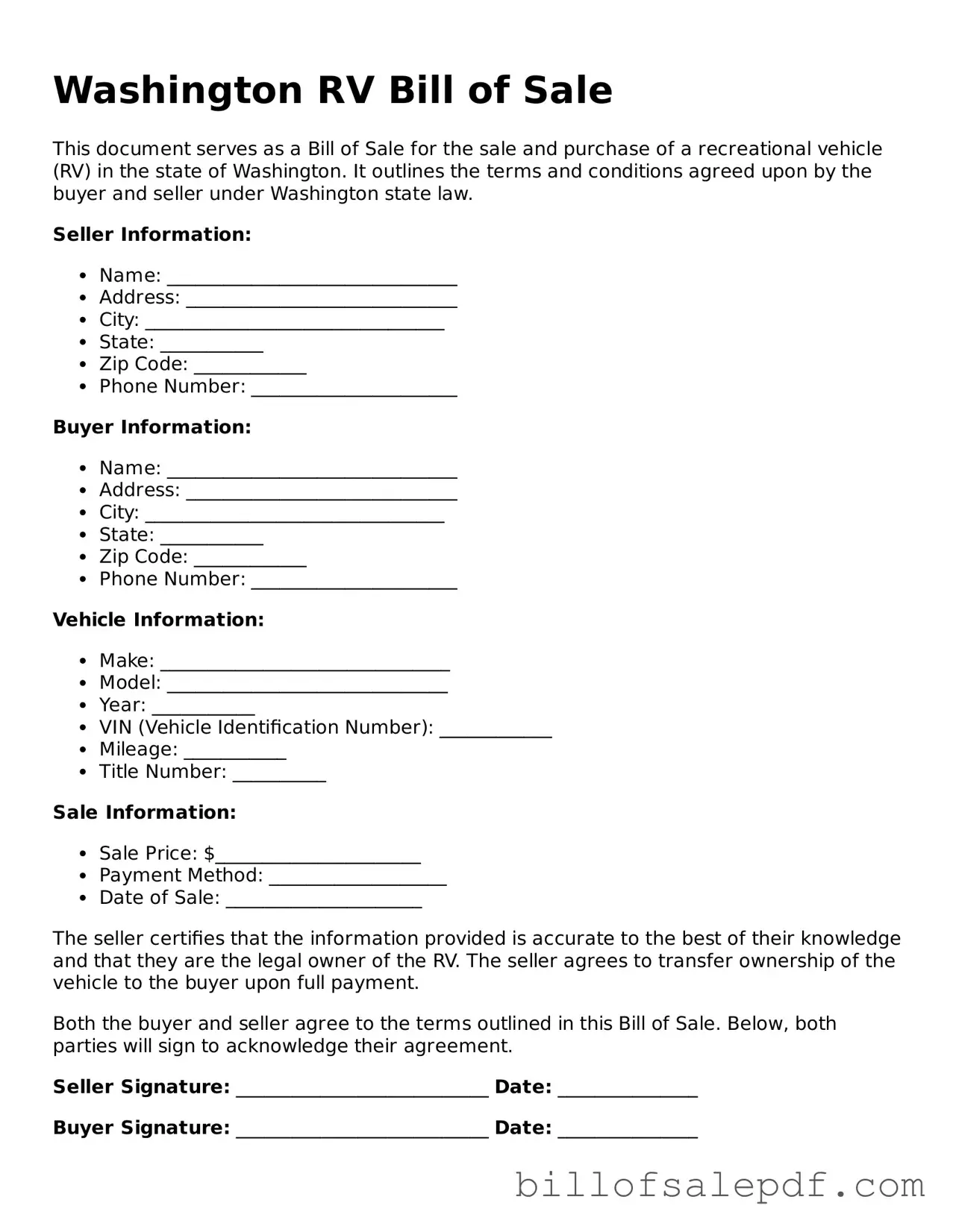 Legal Washington RV Bill of Sale Form