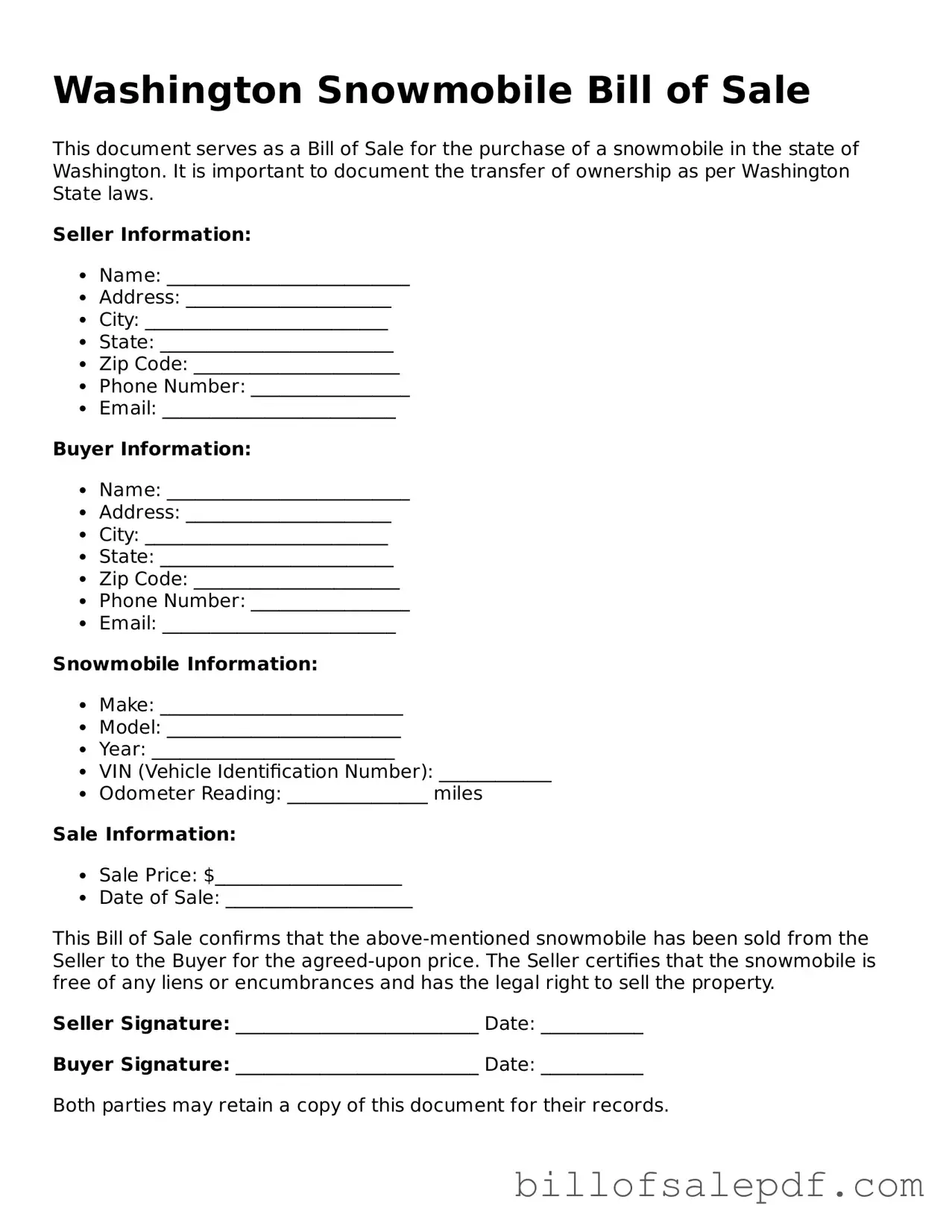 Legal Washington Snowmobile Bill of Sale Form