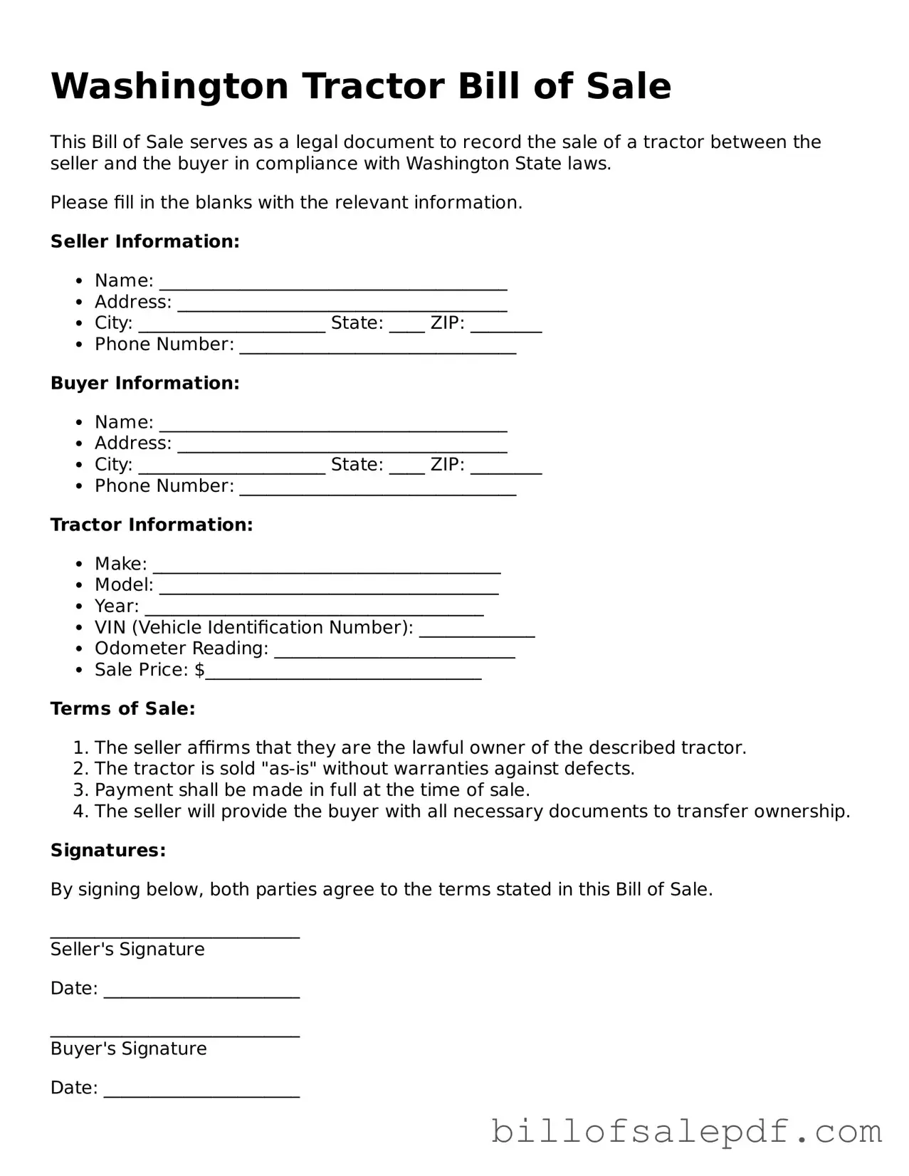 Legal Washington Tractor Bill of Sale Form
