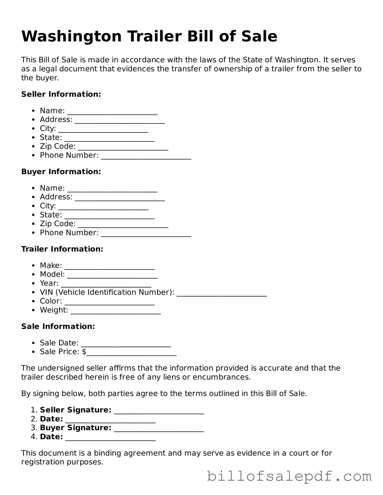 Legal Washington Trailer Bill of Sale Form