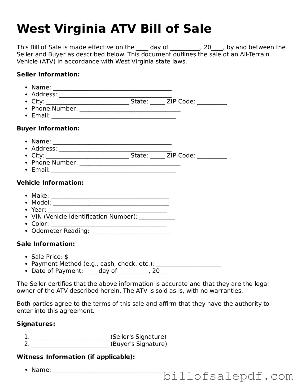 Legal West Virginia ATV Bill of Sale Form