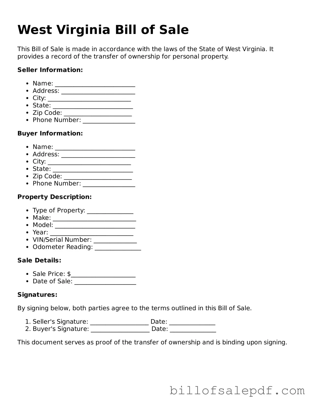 Legal West Virginia Bill of Sale Form