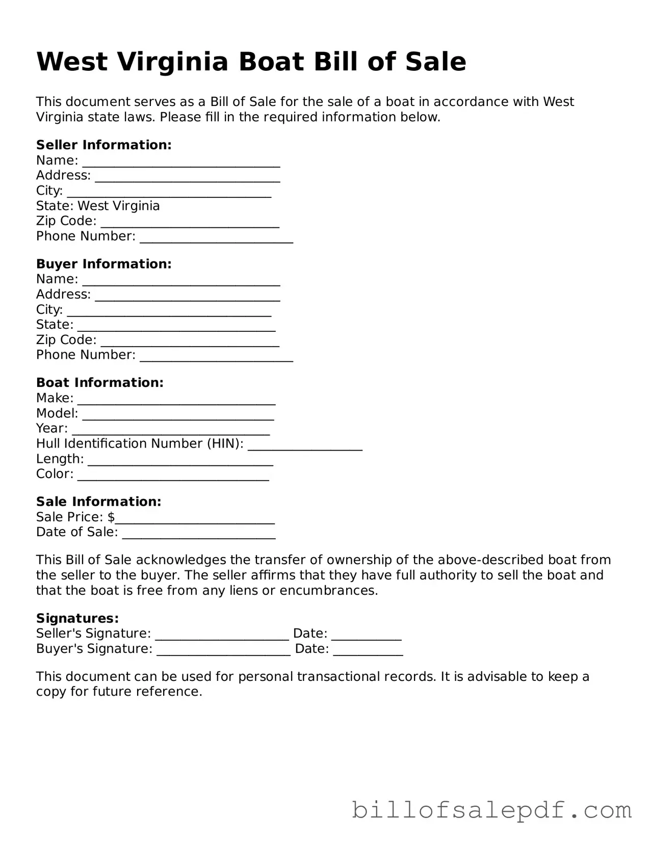 Legal West Virginia Boat Bill of Sale Form