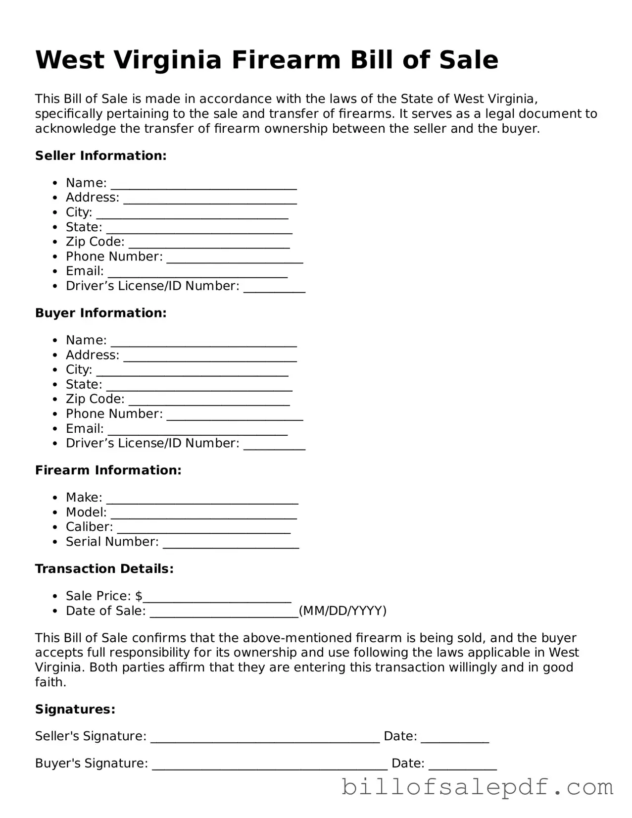 Legal West Virginia Firearm Bill of Sale Form