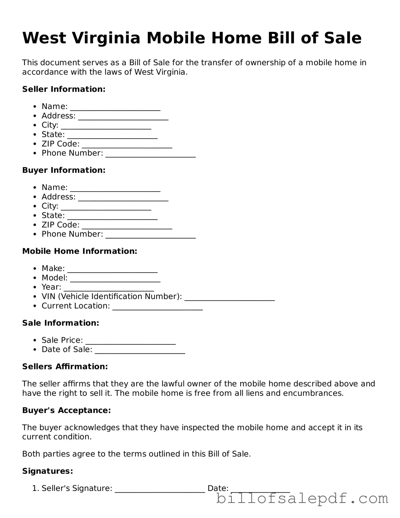 Legal West Virginia Mobile Home Bill of Sale Form