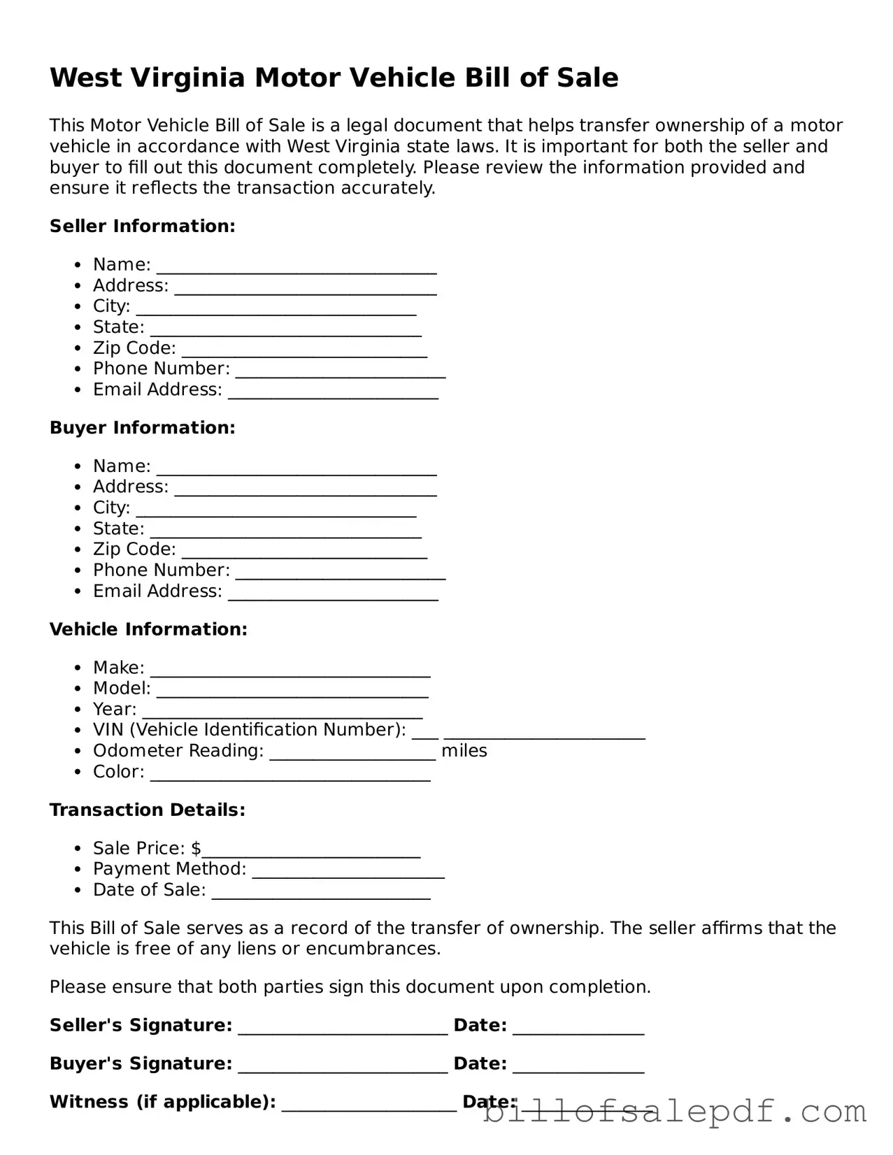 Legal West Virginia Motor Vehicle Bill of Sale Form