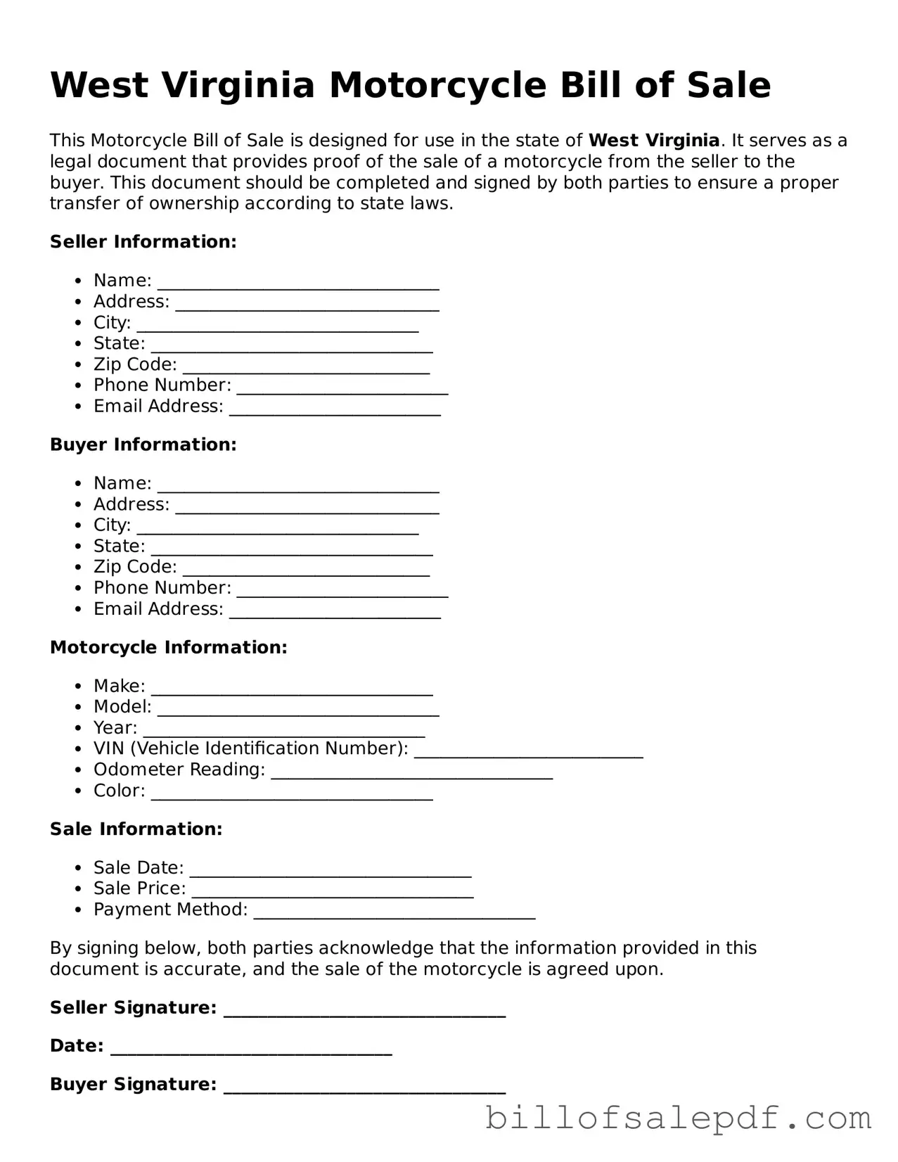 Legal West Virginia Motorcycle Bill of Sale Form