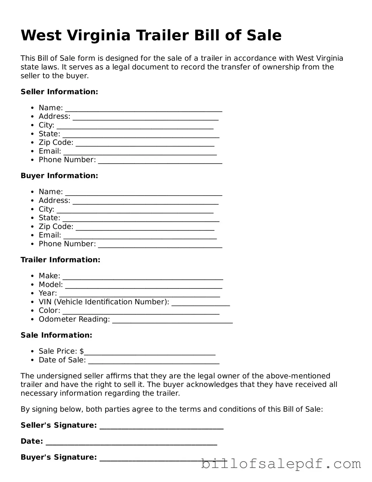 Legal West Virginia Trailer Bill of Sale Form
