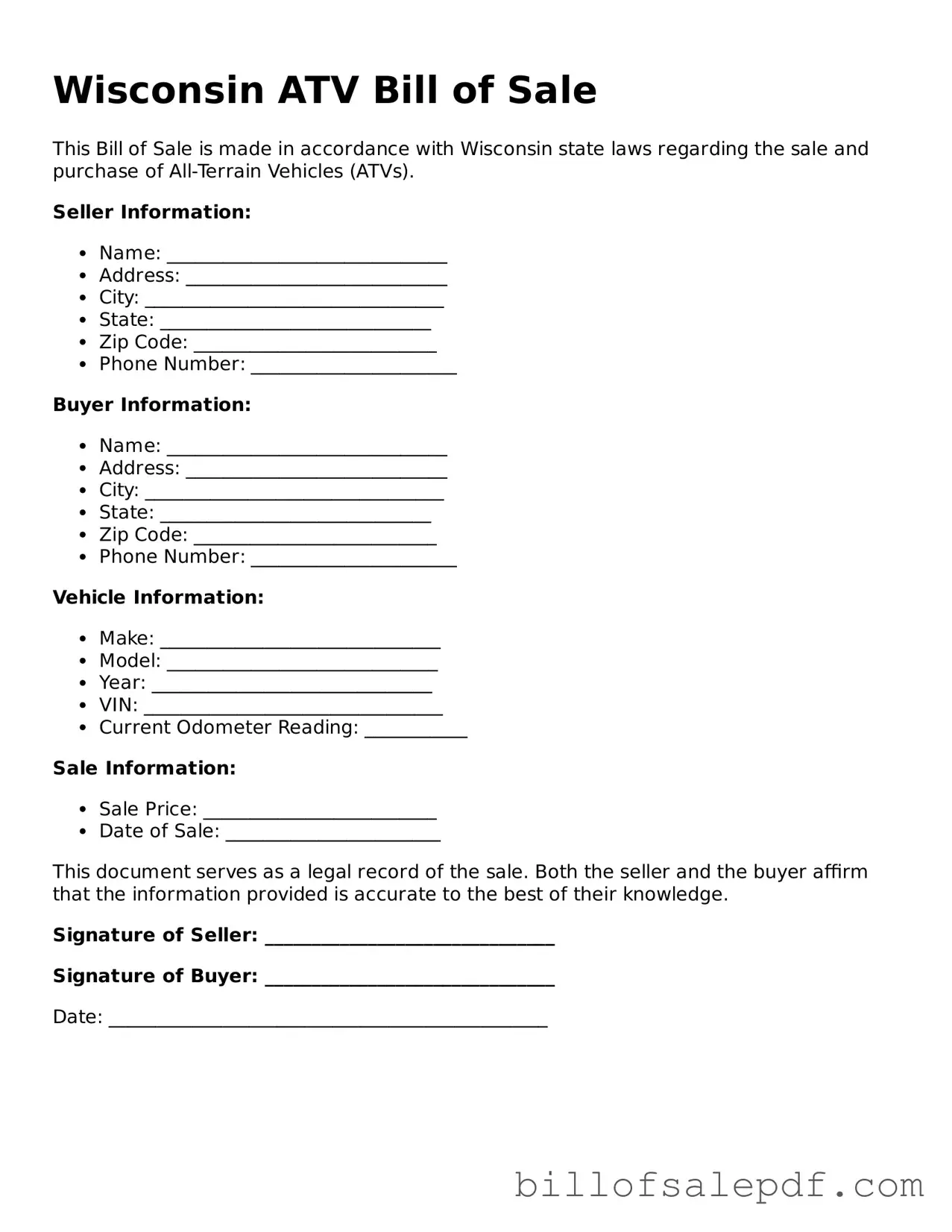 Legal Wisconsin ATV Bill of Sale Form