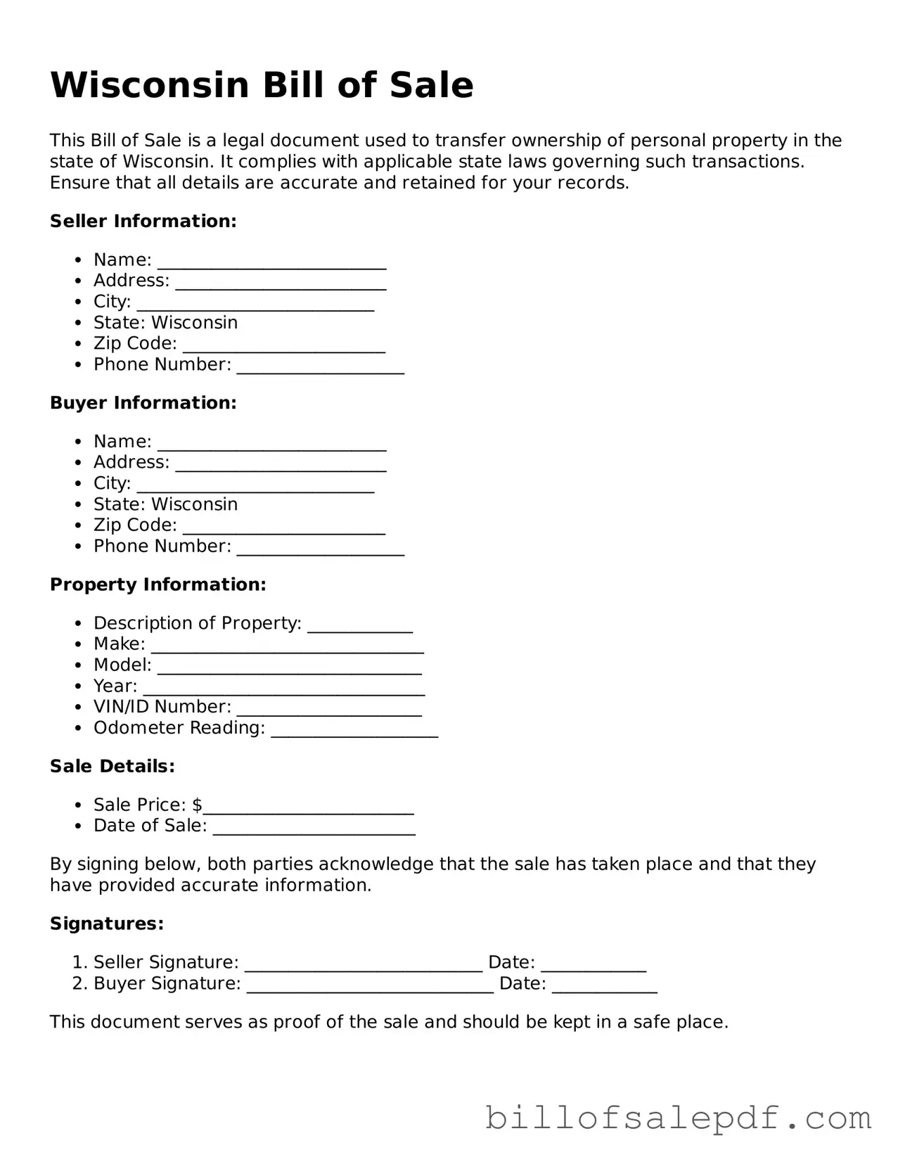 Legal Wisconsin Bill of Sale Form
