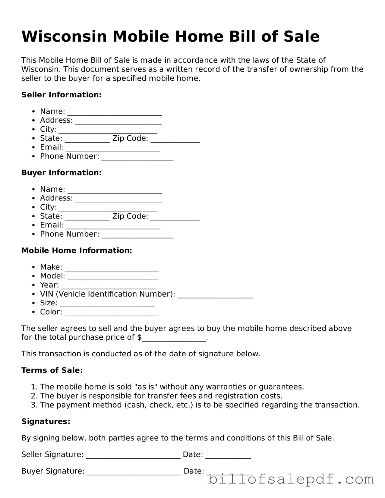 Legal Wisconsin Mobile Home Bill of Sale Form