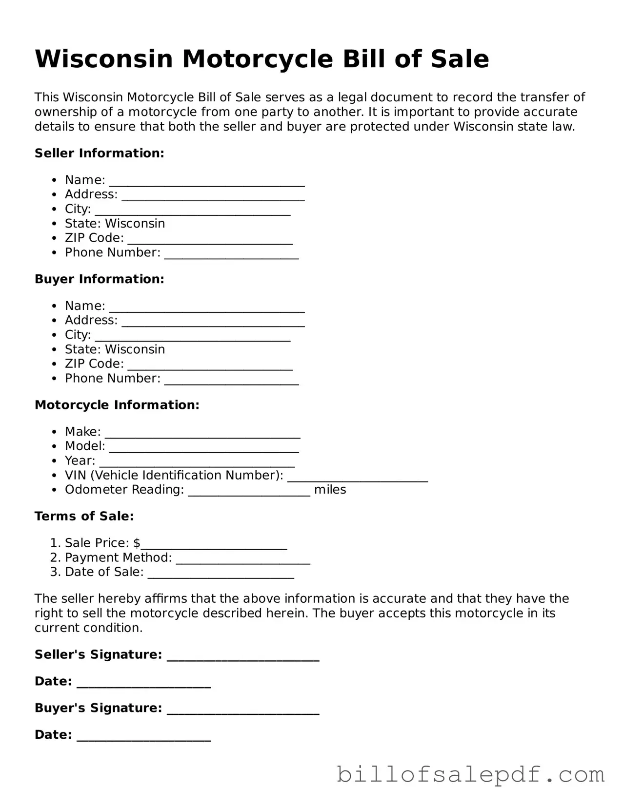 Legal Wisconsin Motorcycle Bill of Sale Form