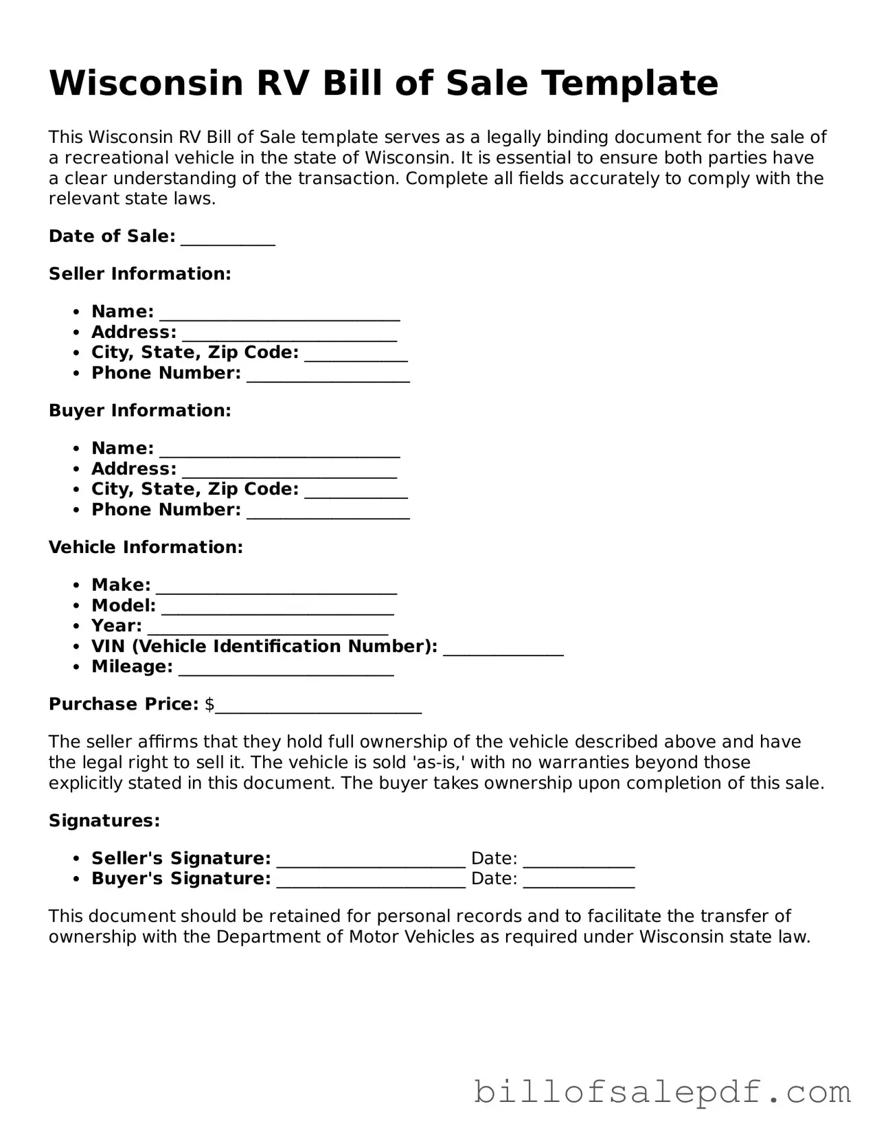 Legal Wisconsin RV Bill of Sale Form