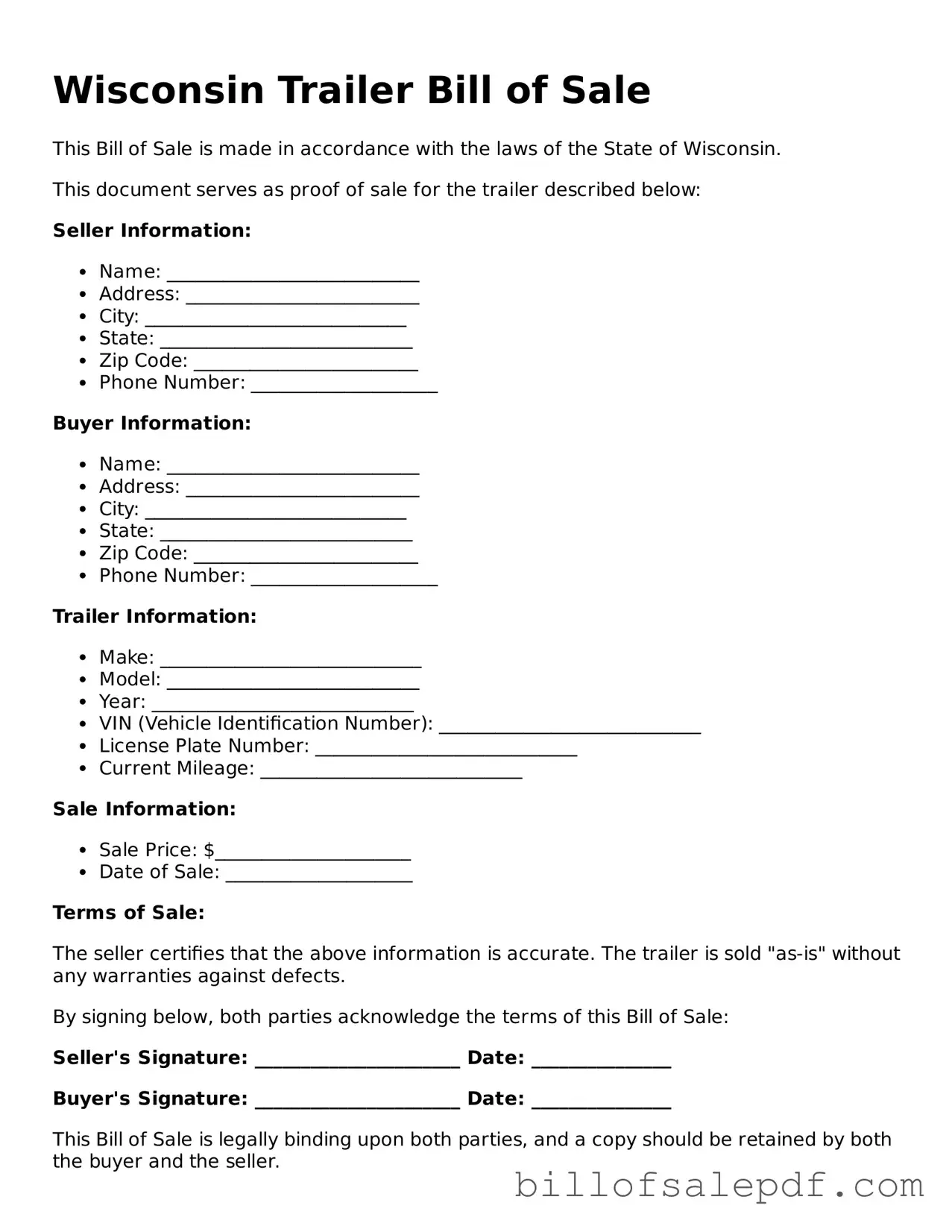 Legal Wisconsin Trailer Bill of Sale Form